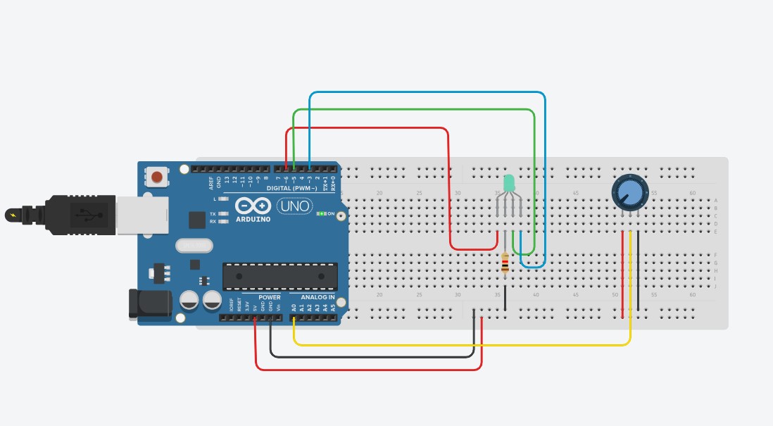 Circuito com LED RGB montado no Tinkercad